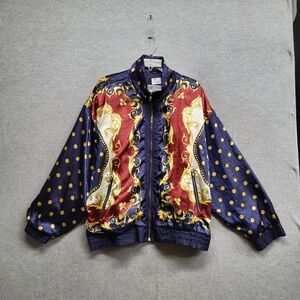 VINTAGE Giacca‎ Women Jacket Large Blue Baroque Polka Dots Windbreaker